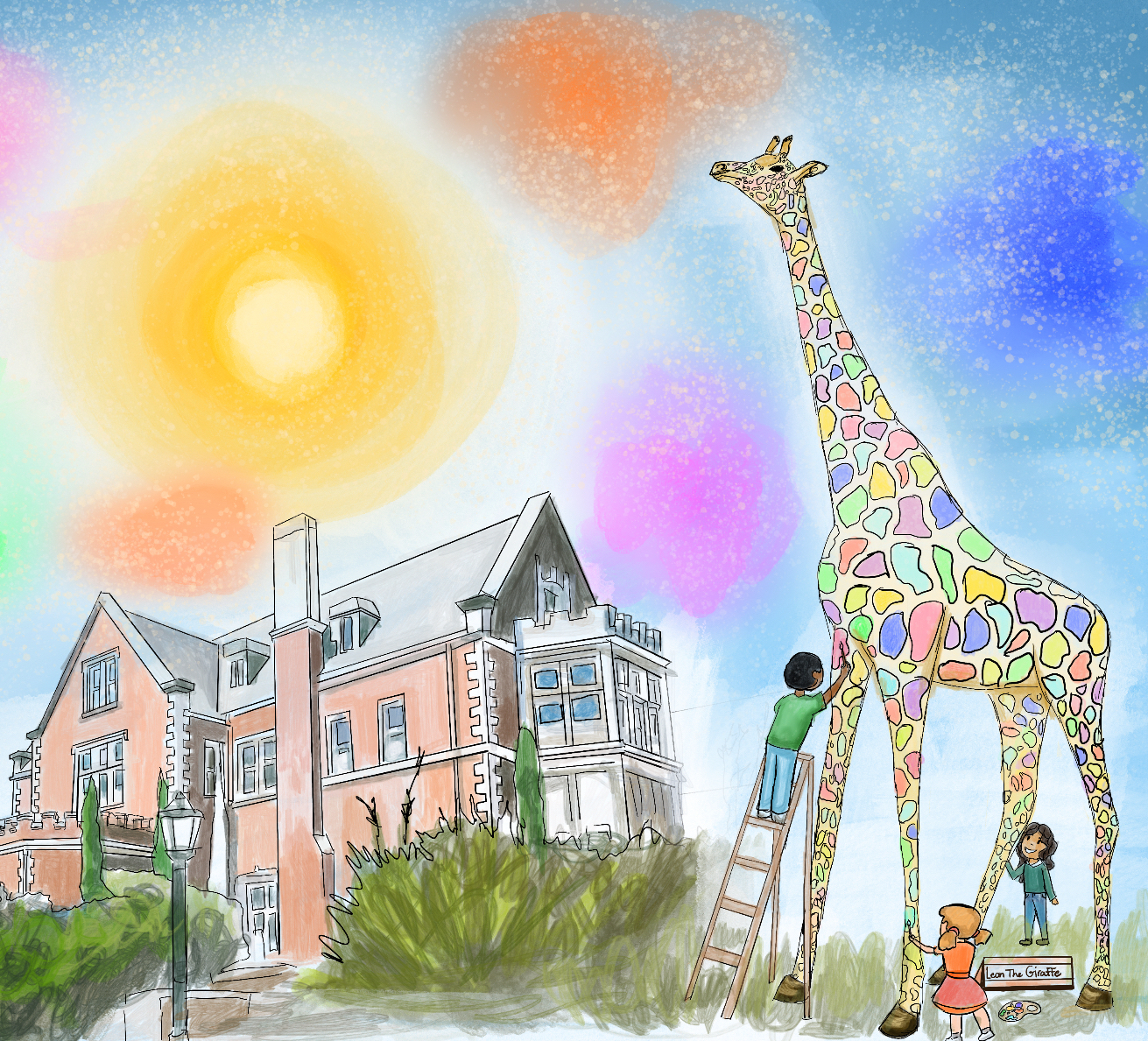 colorful drawing of a house surrounded by a sky with blotches of different colors, and next to it is a giant giraffe that kids are painting the spots in different colors